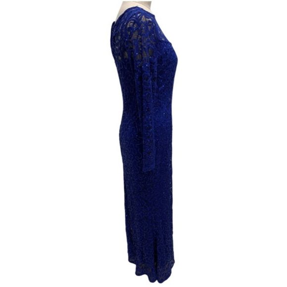 NWT Marina Women's Cobalt Blue Paisly Lace w/Sequins Formal Gown Size 10 - Picture 2 of 11